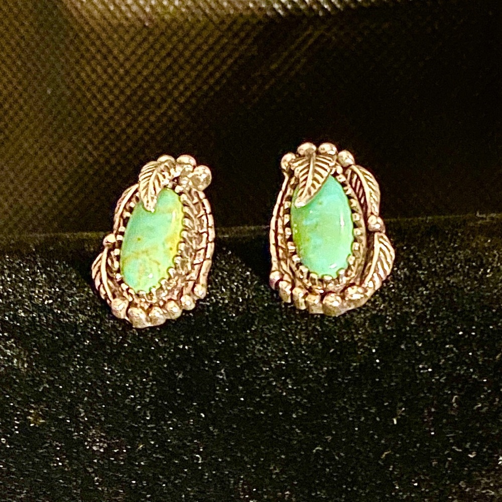 Carol Felley Sterling Silver Turquoise 1996 Southwest Leaf Earrings